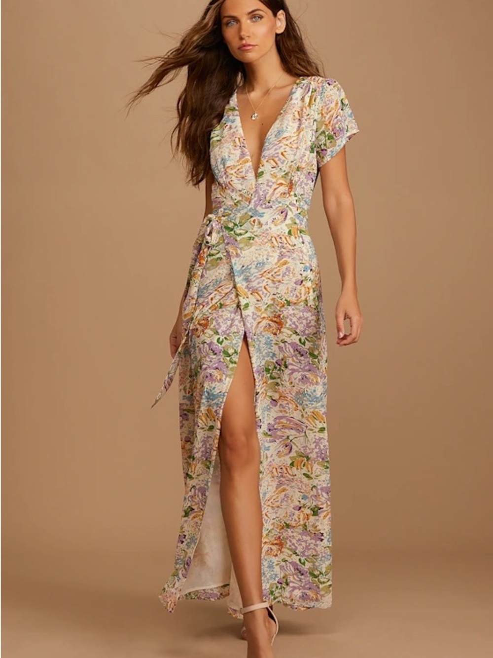 Lulu’s Feels Magical Ivory Floral Print Short Sleeve Wrap Maxi Dress, Medium